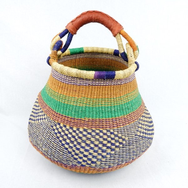 Handwoven in Bolgantanga, Northern Ghana these pot baskets are equipped with durable leather handles and are perfect for shopping.