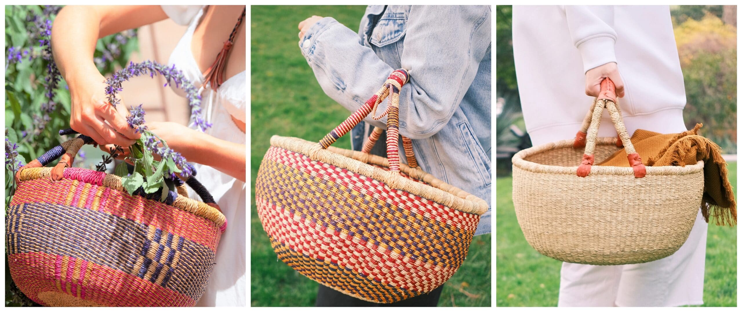 Bolga round baskets, handmade in Ghana, West Africa. Perfect for shopping and picnics.