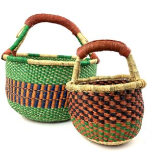 African Ghana Handwoven bolga elephant grass colourful basket leather handle