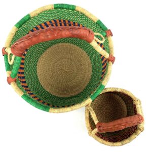 African Ghana Handwoven bolga elephant grass colourful basket leather handle