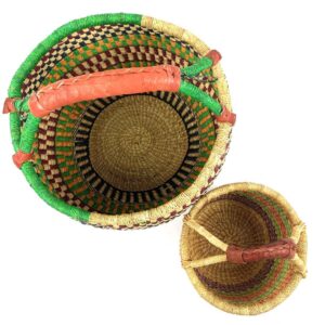 African Ghana Handwoven Colourful Handwoven Elephant Grass Basket Leather Handle