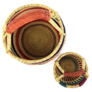 African Ghana Handwoven Colourful Handwoven Elephant Grass Basket Leather Handle