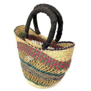 African hand woven ghana colourful elephant grass bolga basket leather handle
