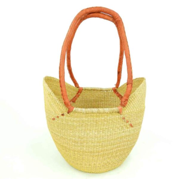 Natural bolga shopper basket with long tan handle