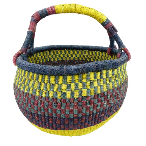 Vegan large round basket handwoven from elephant grass in Ghana