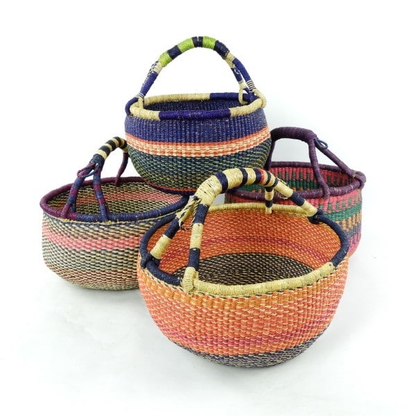 Large vegan-friendly baskets hand-woven from elephant grass in Northern Ghana. Perfect for shopping or just looking pretty.