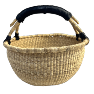 african woven basket with black handle