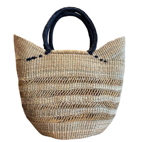 Afrian-Basket-Natural Market BH Open Weave (2) open weave african basket used for shopping and day to day use, featuring black leather handles and an open weave