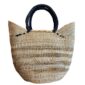 open weave african basket used for shopping and day to day use, featuring black leather handles and an open weave