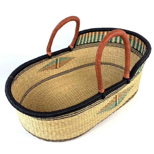 BOL-MOSES-basket-168-slim (2) Natural elephant grass Moses basket with tan leather handles.
