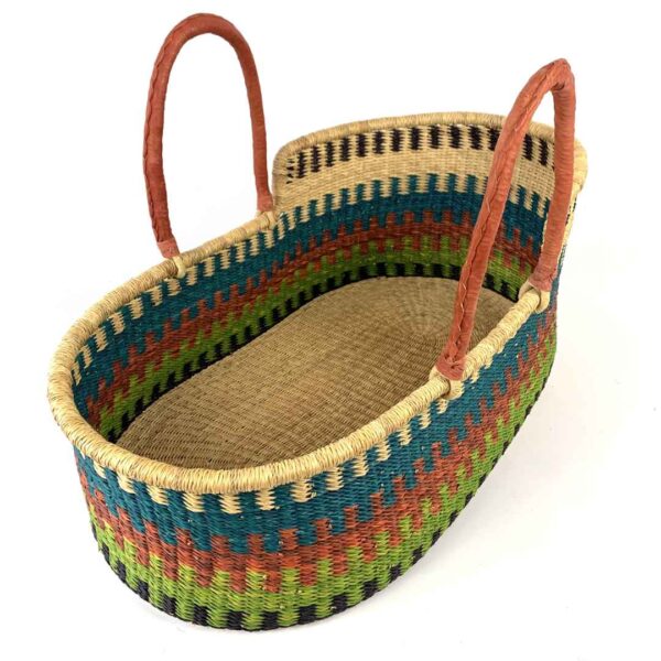 BOL-MOSES-basket-171-waterfall (2) Natural Moses basket with leather handles photographed from above.