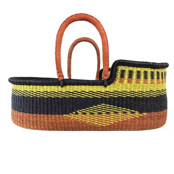 BOL-MOSES-basket-172-lemoncaramel (1) Natural woven baby basket with leather handle detail.