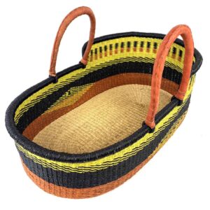 Portable Moses baby basket made from handwoven elephant grass.