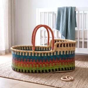 Natural woven Moses basket with a soft, rounded shape.