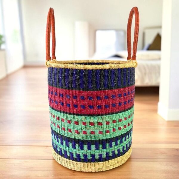 BOLGA-Open-Laundry-basket-106-gallop (1) Open laundry basket with a patterned weave, open top, leather handles visible