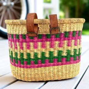 woven bicycle basket with leather buckles