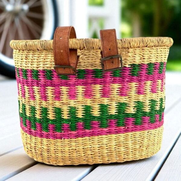 Bicycle-bolga-basket-green-pink-bashiri woven bicycle basket with leather buckles