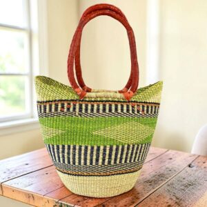 colorful market basket with long leather handles