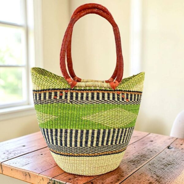 colorful market basket with long leather handles