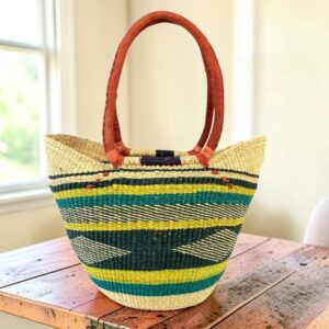 Long handle Bolga market basket handwoven from elephant grass in Ghana