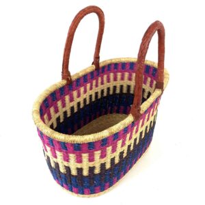 Natural elephant grass basket with recycled leather offcut handles.
