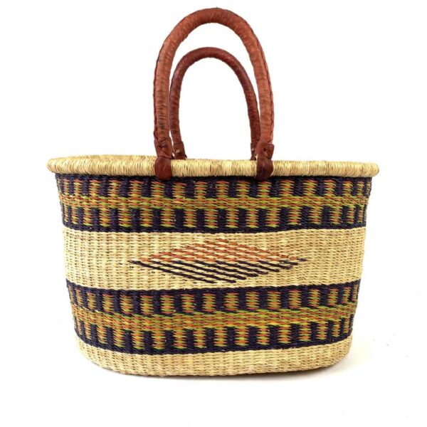 Oval-Basket-464-bucket (1) Oval elephant grass basket with sturdy leather carry handles.