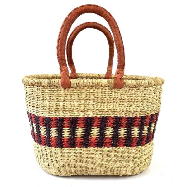 Oval-Basket-471-Barbuda (1) Front view of the natural oval Bolga shopper basket with red and purple band