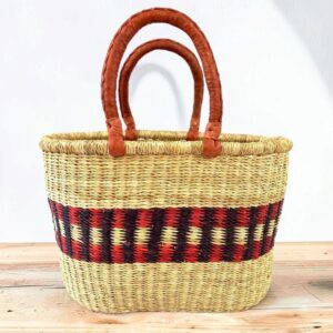 Oval Bolga shopper basket, natural straw with red and purple band and leather handles