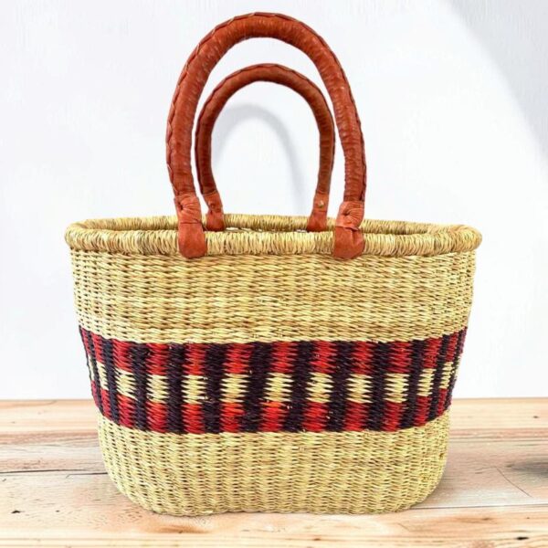 Oval-Basket-471-Barbuda (1)-bashiri Oval Bolga shopper basket, natural straw with red and purple band and leather handles