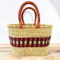 Oval Bolga shopper basket, natural straw with red and purple band and leather handles