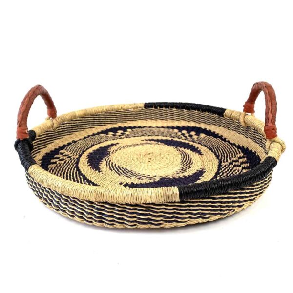 PlatterWithHandle-001-vinyl-angled Bolga tray with leather handles, natural and navy swirl pattern, angled view