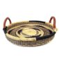 Bolga tray with leather handles, natural and navy swirl pattern, angled view
