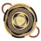Bolga tray with leather handles, natural and navy swirl pattern, top-down view