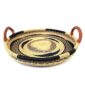 Bolga tray with leather handles, natural and navy swirl pattern, angled view