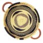 Bolga tray with leather handles, natural and navy swirl pattern, top-down view