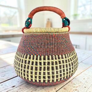 Bolga woven basket with leather handles