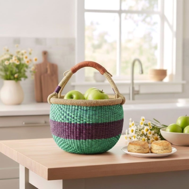 woven round African Bolga basket for home storage and styling