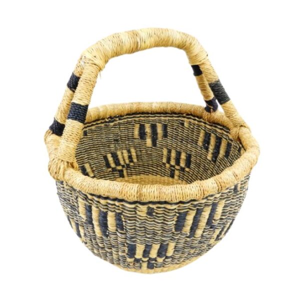 Small round vegan bolga basket - blues (2) woven bolga baskets in small round shape and vegan handles in blue tones
