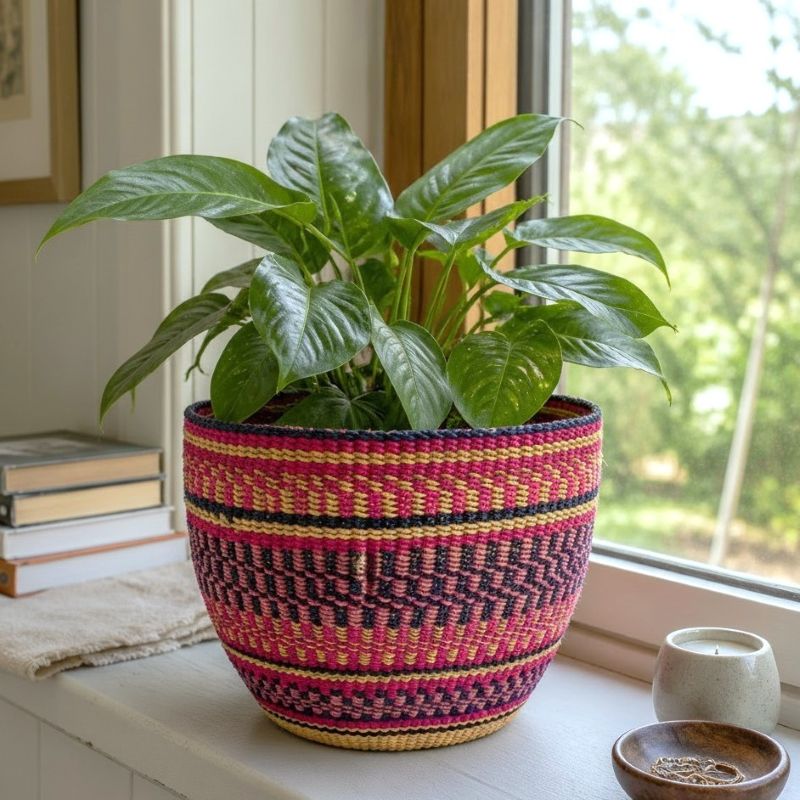 a woven basket with a plant inside it