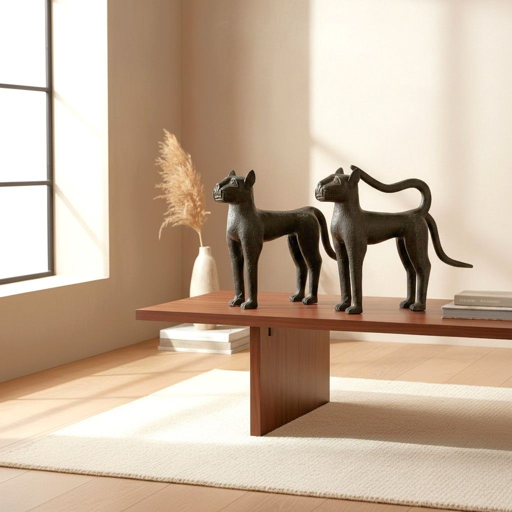 Two handcrafted African animal statues displayed on a timber bench in a modern home interior