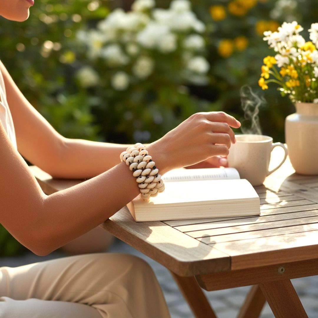 Woman wearing wide cowrie shell bracelet while reading outdoors with coffee