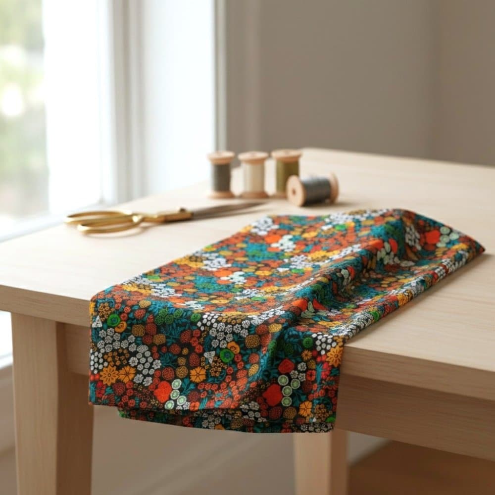African floral print cotton fabric draped over a sewing table with shears and thread spools