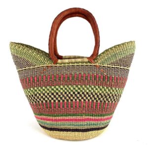 african-market-basket-standard-547-esi-bashiri-2 Front view of the classic market basket with chequered bands in muted, earthy tones