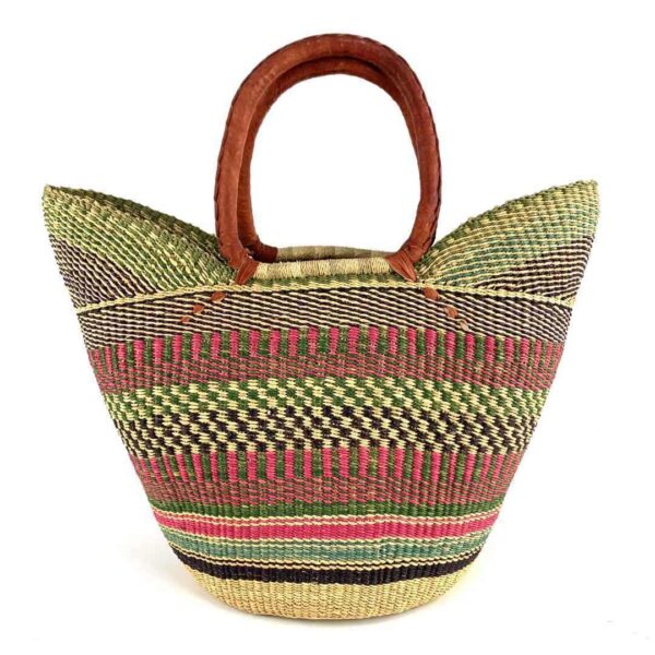 african-market-basket-standard-547-esi-bashiri-2 Front view of the classic market basket with chequered bands in muted, earthy tones