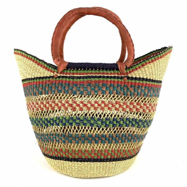 african-market-basket-standard-551-tano-bashiri-2 Front view of the classic market basket with an open weave and multicolour patterned bands