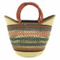 Front view of the classic market basket with an open weave and multicolour patterned bands