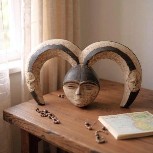 Carved African mask with curved horn-like extensions displayed on a wooden table