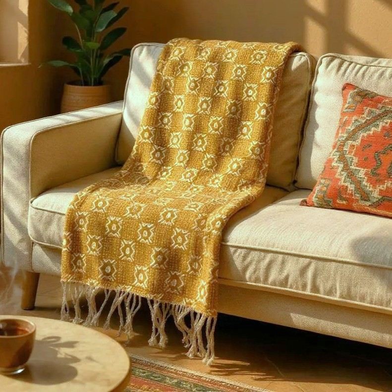 Patterned mustard textile throw draped over a beige sofa