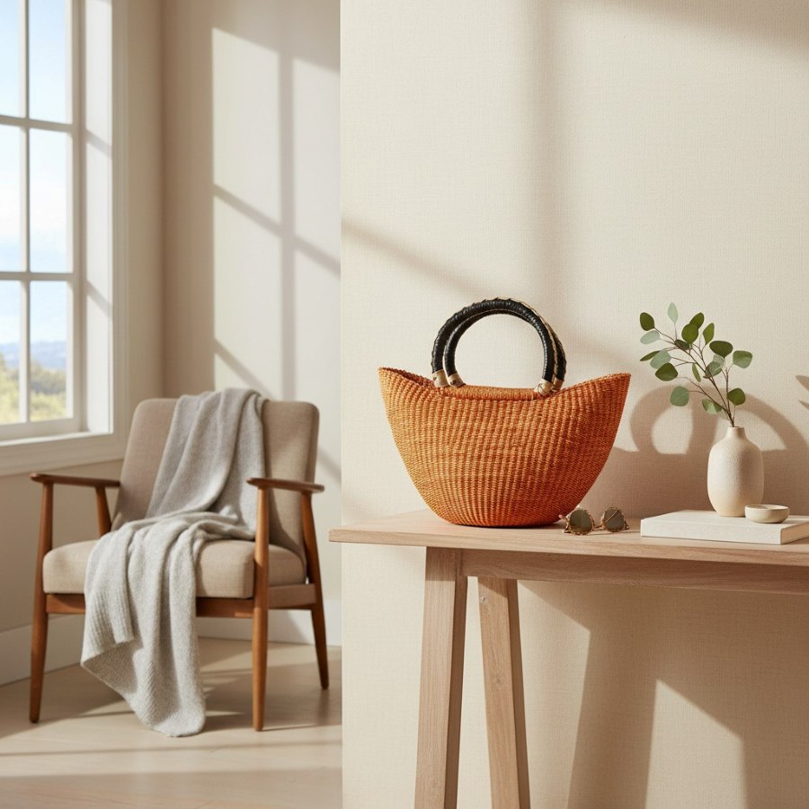 African bolga mini market basket in orange on a console table in a bright interior