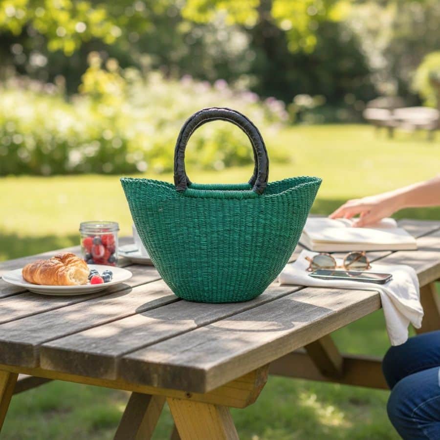 African bolga small market basket in turquoise on an outdoor picnic table